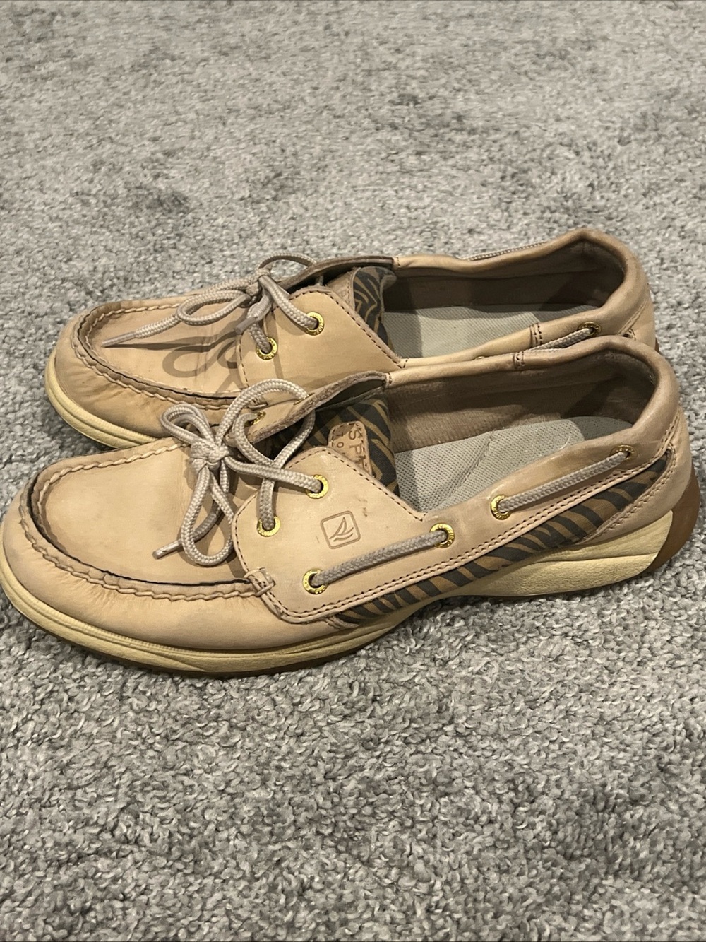 Sperry Tan Leather Boat Shoes with Stripe Zibra Accent